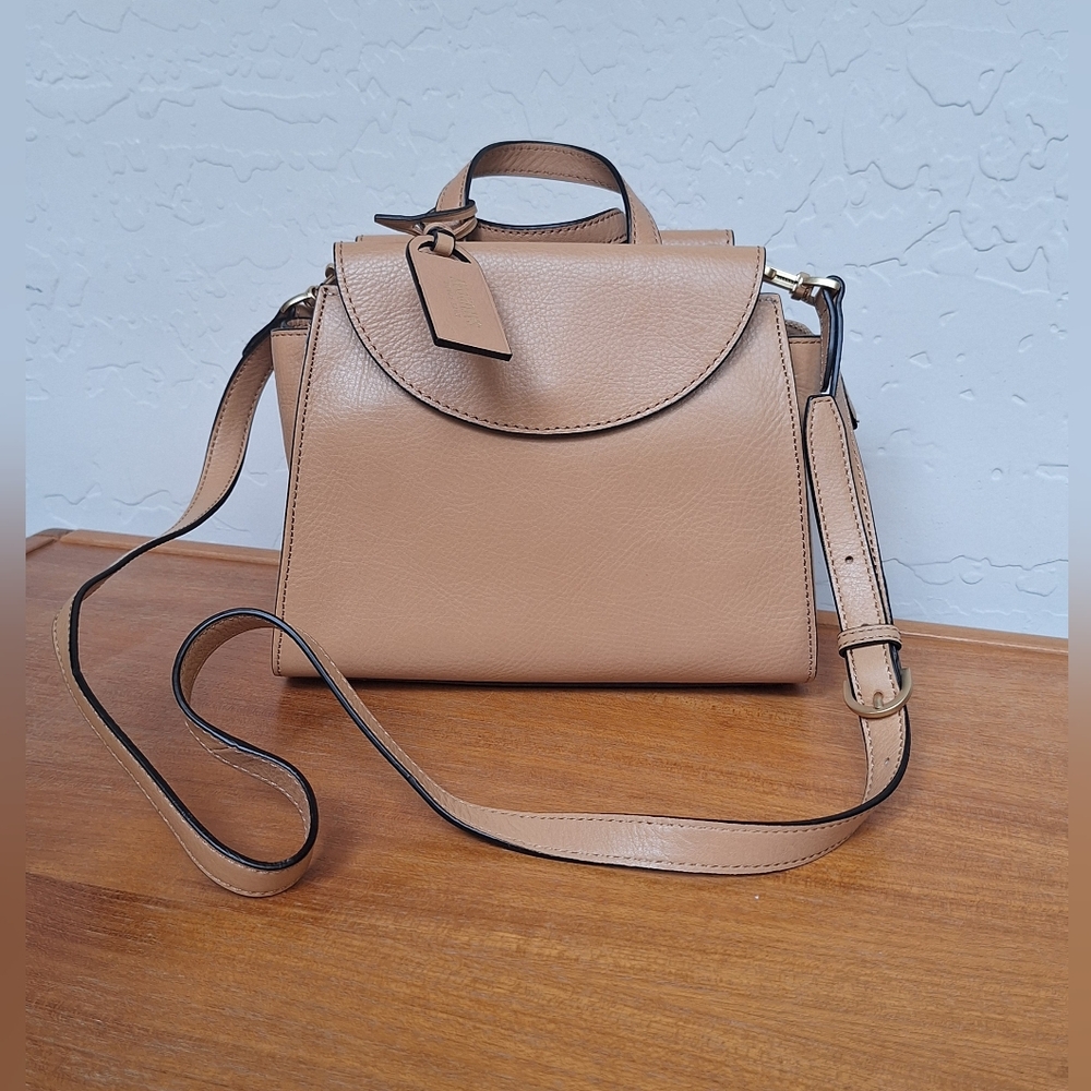Kate Spade Tan Leather Satchel Crossbody Structured Trapezoid Camel Neutral NEW - Picture 2 of 15